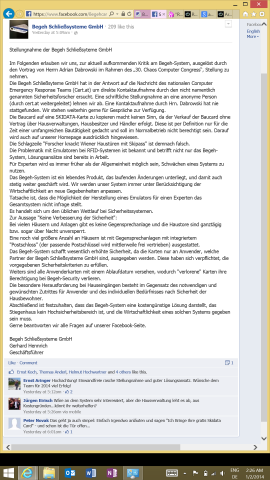 Die Begeh Schließsysteme GmbH äußert sich zu den Vorwürfen. (Screenshot: Golem.de)